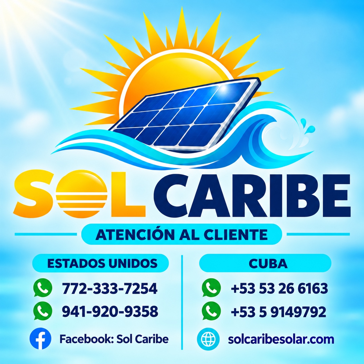 Logo de Sol Caribe con sol, panel solar y ola